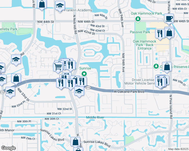 map of restaurants, bars, coffee shops, grocery stores, and more near 9711 West Oakland Park Boulevard in Sunrise