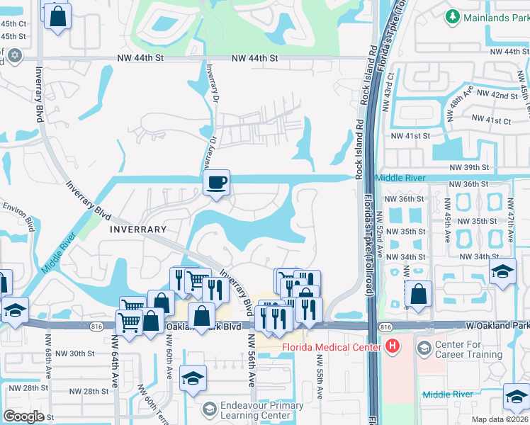 map of restaurants, bars, coffee shops, grocery stores, and more near 3720 Inverrary Drive in Lauderhill