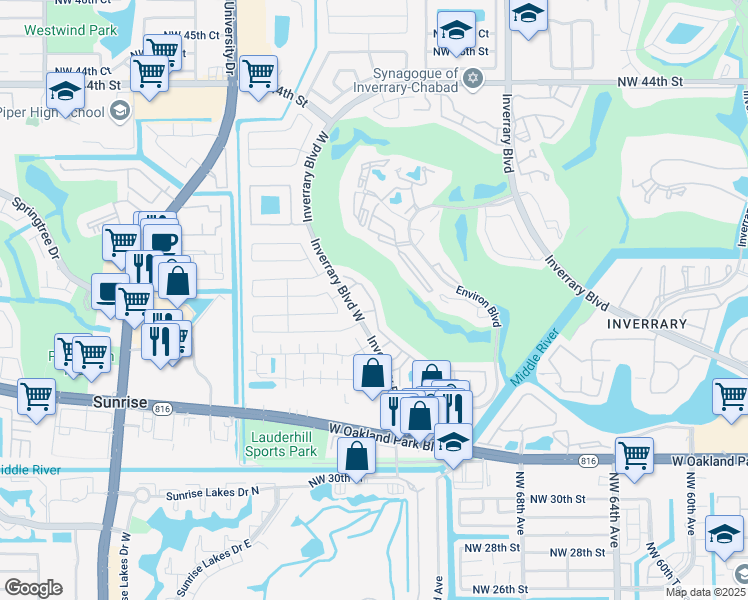 map of restaurants, bars, coffee shops, grocery stores, and more near 3531 Inverrary Boulevard West in Lauderhill