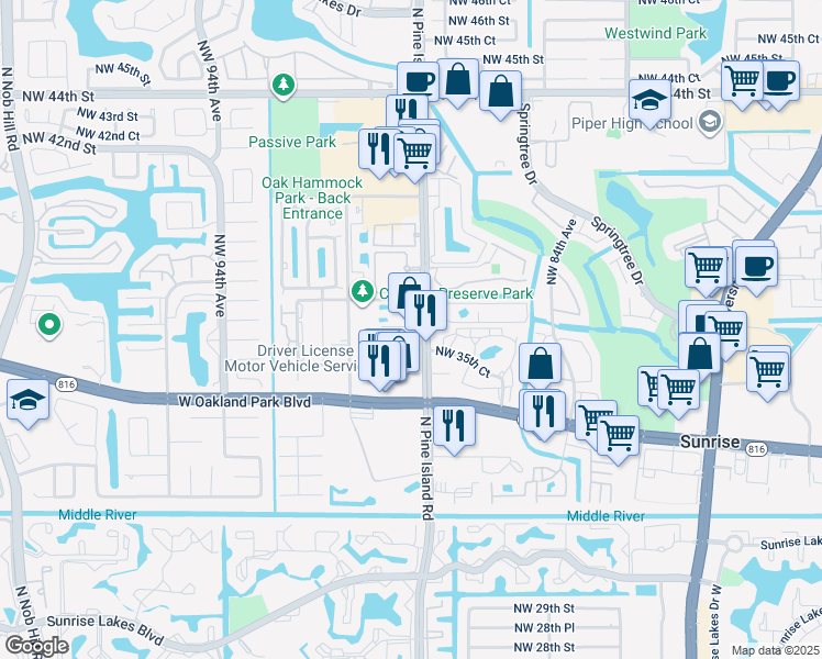map of restaurants, bars, coffee shops, grocery stores, and more near 3737 North Pine Island Road in Sunrise