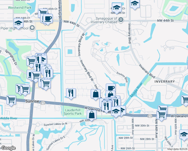 map of restaurants, bars, coffee shops, grocery stores, and more near 3531 Inverrary Boulevard West in Lauderhill