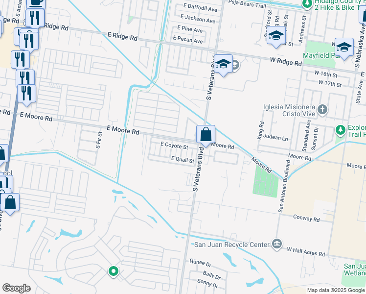 map of restaurants, bars, coffee shops, grocery stores, and more near 1803 South Juniper Street in Pharr