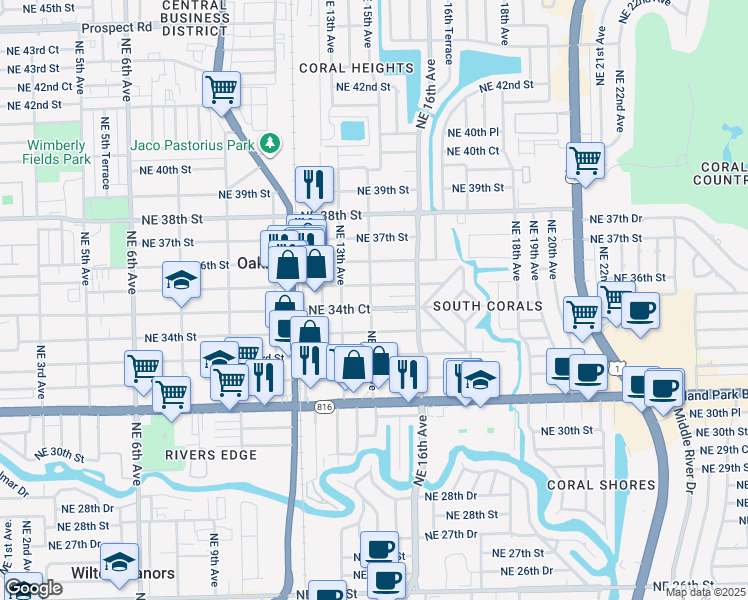 map of restaurants, bars, coffee shops, grocery stores, and more near 1498 Northeast 34th Court in Oakland Park