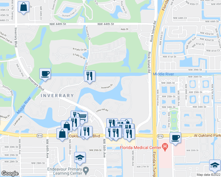 map of restaurants, bars, coffee shops, grocery stores, and more near 3720 Inverrary Drive in Lauderhill