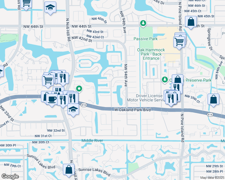 map of restaurants, bars, coffee shops, grocery stores, and more near 3564 Northwest 95th Terrace in Sunrise