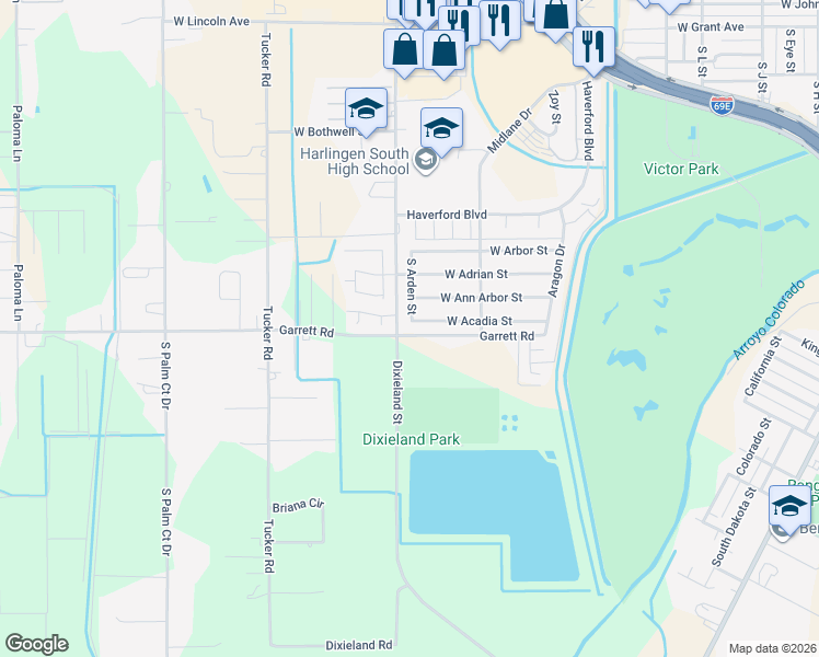 map of restaurants, bars, coffee shops, grocery stores, and more near 2125 South Arden Street in Harlingen