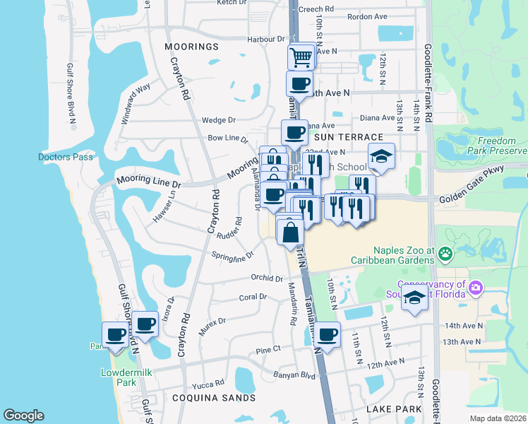 map of restaurants, bars, coffee shops, grocery stores, and more near 1981 Tamiami Trail North in Naples