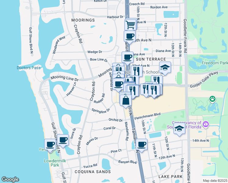 map of restaurants, bars, coffee shops, grocery stores, and more near 2010 Alamanda Drive in Naples