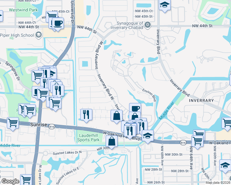 map of restaurants, bars, coffee shops, grocery stores, and more near 3531 Inverrary Boulevard West in Lauderhill