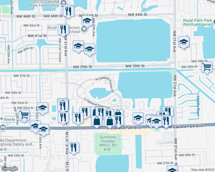map of restaurants, bars, coffee shops, grocery stores, and more near 2810 North Oakland Forest Drive in Oakland Park