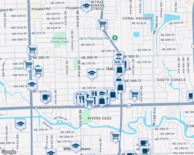 map of restaurants, bars, coffee shops, grocery stores, and more near 801 Northeast 34th Court in Oakland Park