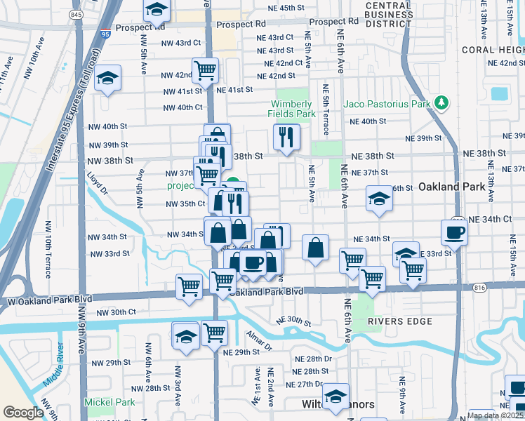 map of restaurants, bars, coffee shops, grocery stores, and more near 251 Northeast 34th Court in Oakland Park