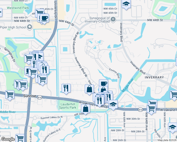 map of restaurants, bars, coffee shops, grocery stores, and more near 3531 Inverrary Boulevard West in Lauderhill