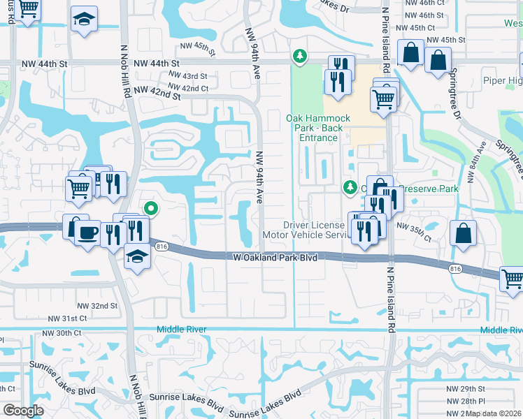 map of restaurants, bars, coffee shops, grocery stores, and more near 9380 Northwest 35th Manor in Sunrise