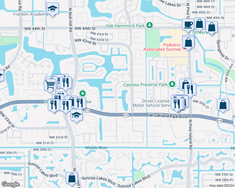 map of restaurants, bars, coffee shops, grocery stores, and more near 3564 Northwest 95th Terrace in Sunrise