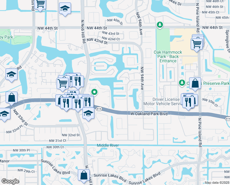 map of restaurants, bars, coffee shops, grocery stores, and more near 9711 West Oakland Park Boulevard in Sunrise