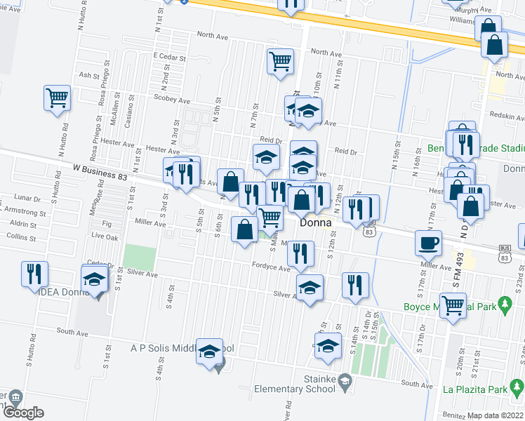 map of restaurants, bars, coffee shops, grocery stores, and more near 801 Hooks Avenue in Donna