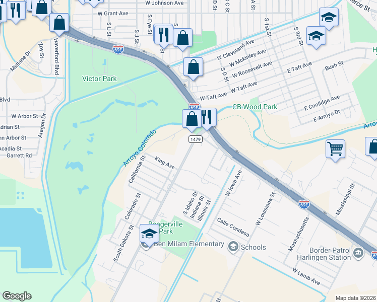 map of restaurants, bars, coffee shops, grocery stores, and more near 320-410 Rangerville Road in Harlingen