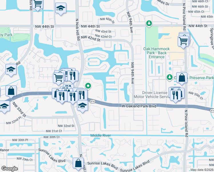 map of restaurants, bars, coffee shops, grocery stores, and more near 9711 West Oakland Park Boulevard in Sunrise