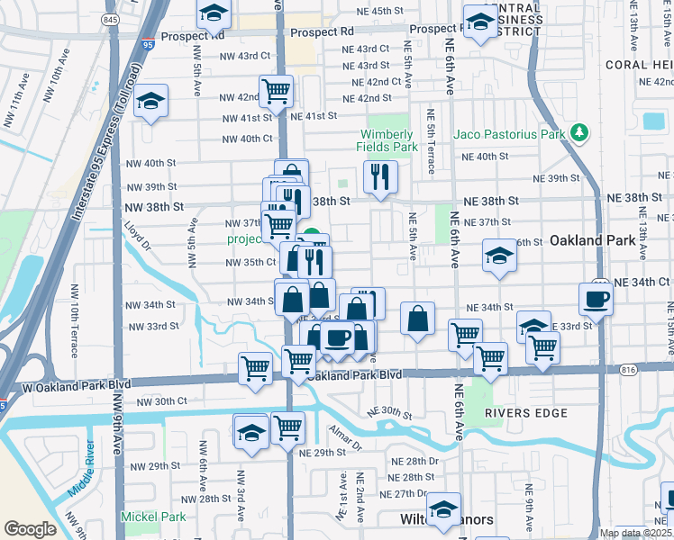 map of restaurants, bars, coffee shops, grocery stores, and more near 209 Northeast 35th Street in Oakland Park