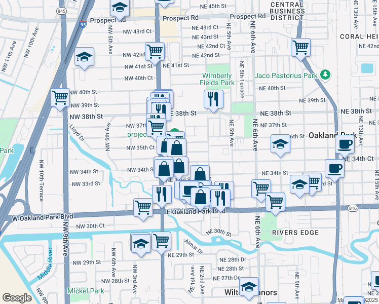 map of restaurants, bars, coffee shops, grocery stores, and more near 211 Northeast 35th Street in Oakland Park