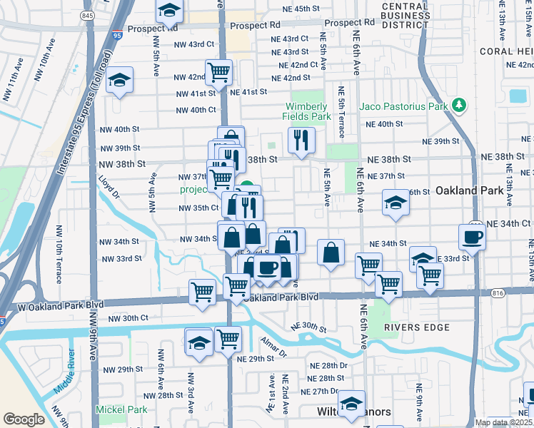 map of restaurants, bars, coffee shops, grocery stores, and more near 209 Northeast 35th Street in Oakland Park