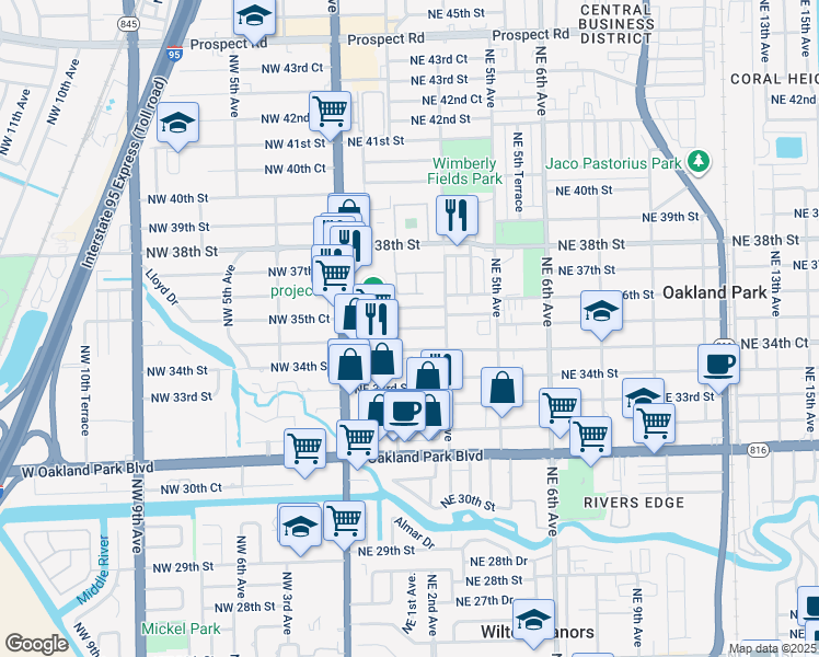 map of restaurants, bars, coffee shops, grocery stores, and more near 221 Northeast 35th Street in Oakland Park