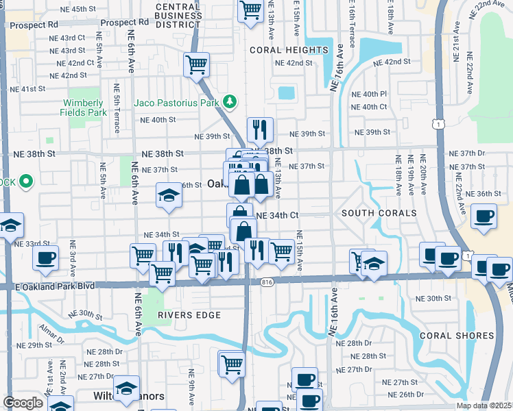 map of restaurants, bars, coffee shops, grocery stores, and more near 3451 Florida 811 in Oakland Park