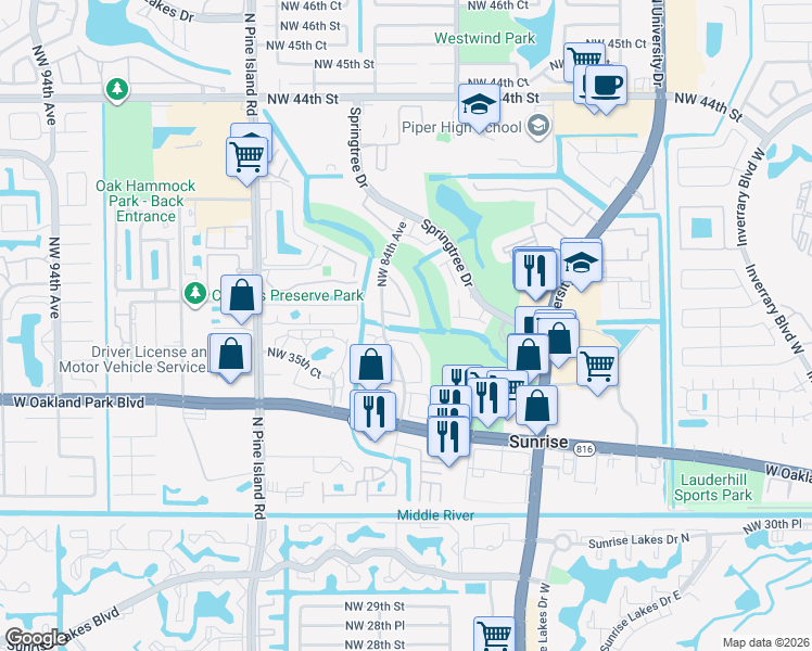 map of restaurants, bars, coffee shops, grocery stores, and more near 3683 Northwest 83rd Lane in Sunrise