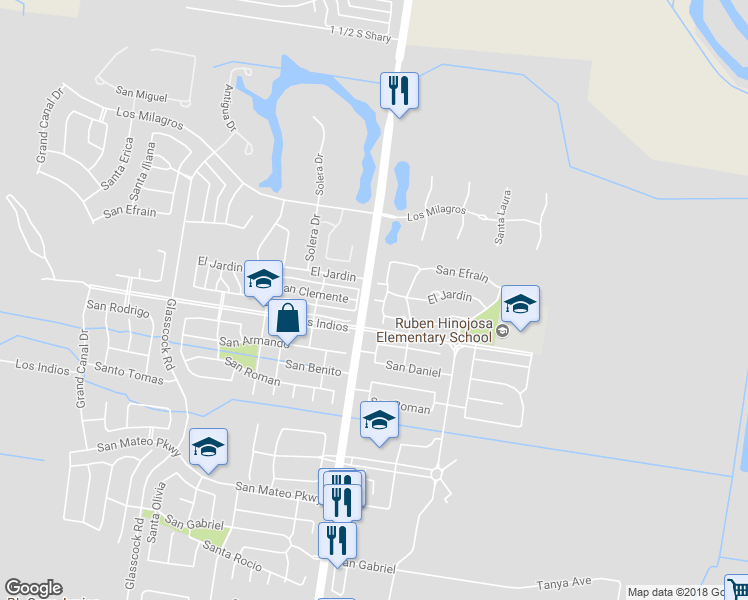 map of restaurants, bars, coffee shops, grocery stores, and more near 3601 Florencia Court in Mission