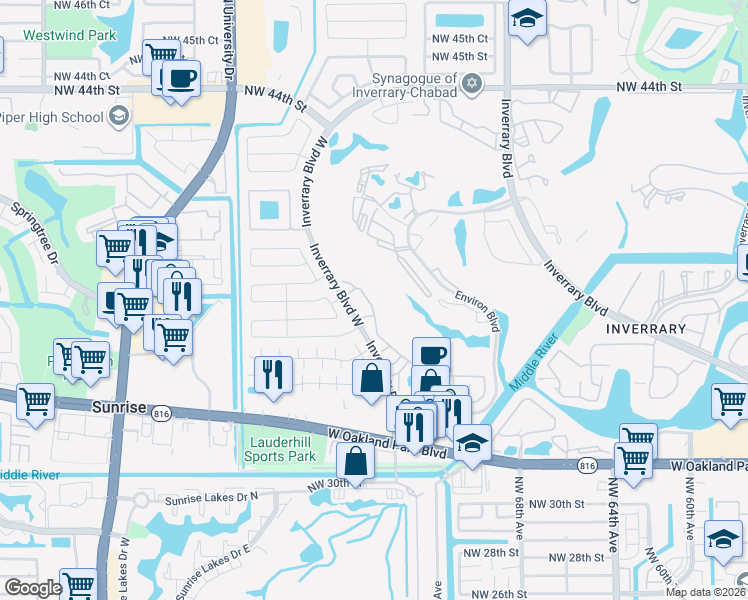 map of restaurants, bars, coffee shops, grocery stores, and more near 3531 Inverrary Boulevard West in Lauderhill