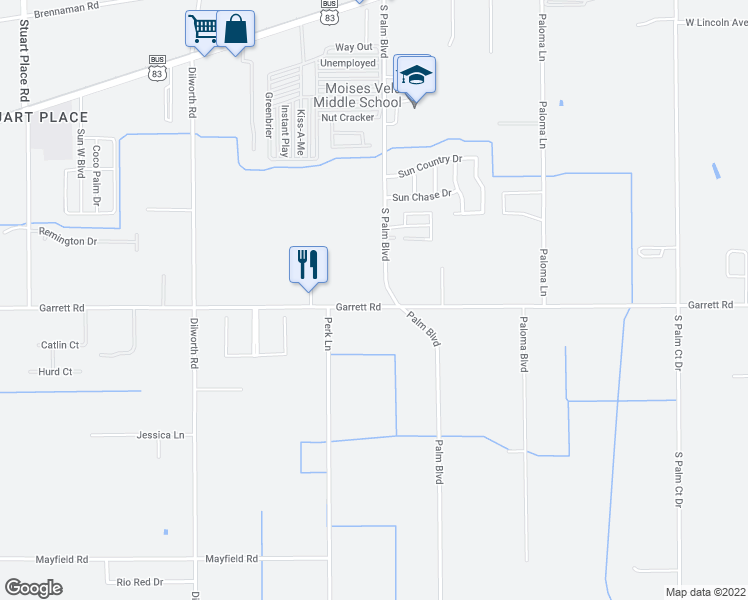 map of restaurants, bars, coffee shops, grocery stores, and more near 17410 Garrett Road in Harlingen