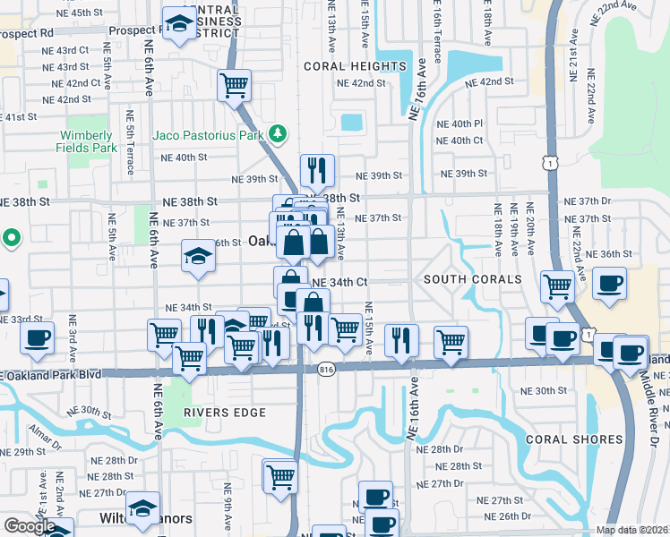 map of restaurants, bars, coffee shops, grocery stores, and more near 3450-3462 Northeast 12th Avenue in Oakland Park
