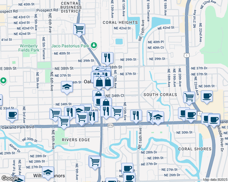 map of restaurants, bars, coffee shops, grocery stores, and more near 3450-3462 Northeast 12th Avenue in Oakland Park