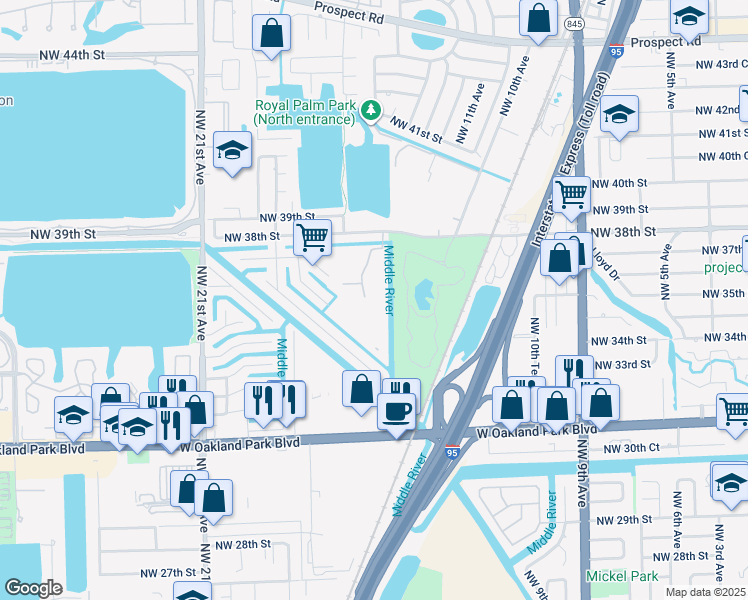 map of restaurants, bars, coffee shops, grocery stores, and more near 106 Royal Park Drive in Oakland Park