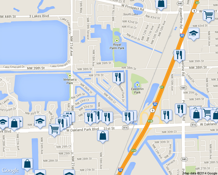 map of restaurants, bars, coffee shops, grocery stores, and more near 1737 Northwest 36th Court in Oakland Park