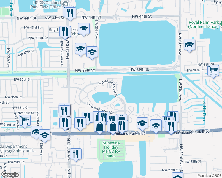 map of restaurants, bars, coffee shops, grocery stores, and more near 2810 North Oakland Forest Drive in Oakland Park