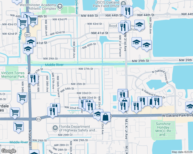 map of restaurants, bars, coffee shops, grocery stores, and more near 3510 Northwest 33rd Avenue in Lauderdale Lakes