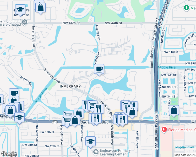 map of restaurants, bars, coffee shops, grocery stores, and more near 3462 Spring Bluff Place in Lauderhill