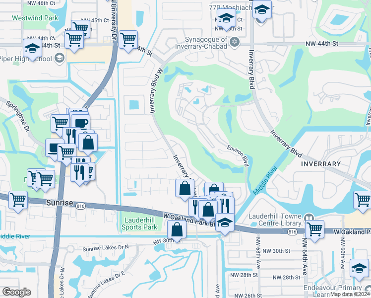 map of restaurants, bars, coffee shops, grocery stores, and more near 3531 Inverrary Boulevard West in Lauderhill