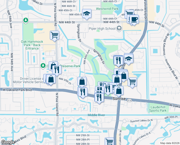 map of restaurants, bars, coffee shops, grocery stores, and more near 3683 Northwest 83rd Lane in Sunrise