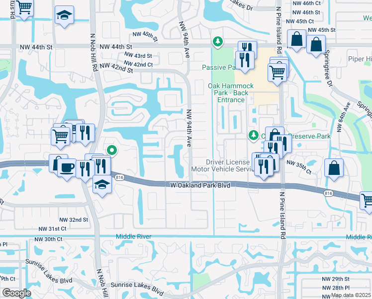 map of restaurants, bars, coffee shops, grocery stores, and more near 9380 Northwest 35th Manor in Sunrise