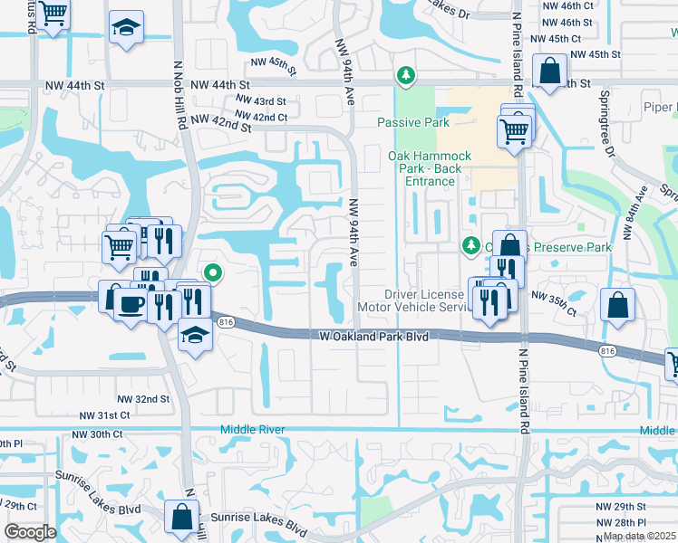map of restaurants, bars, coffee shops, grocery stores, and more near 3564 Northwest 95th Terrace in Sunrise