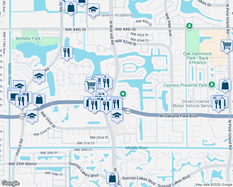 map of restaurants, bars, coffee shops, grocery stores, and more near 9919 West Oakland Park Boulevard in Sunrise