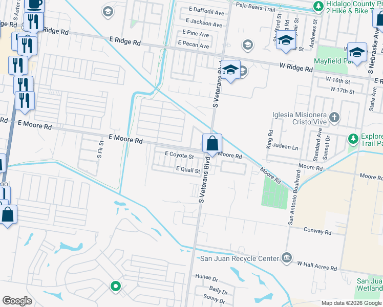 map of restaurants, bars, coffee shops, grocery stores, and more near 1801 South Linden Street in Pharr