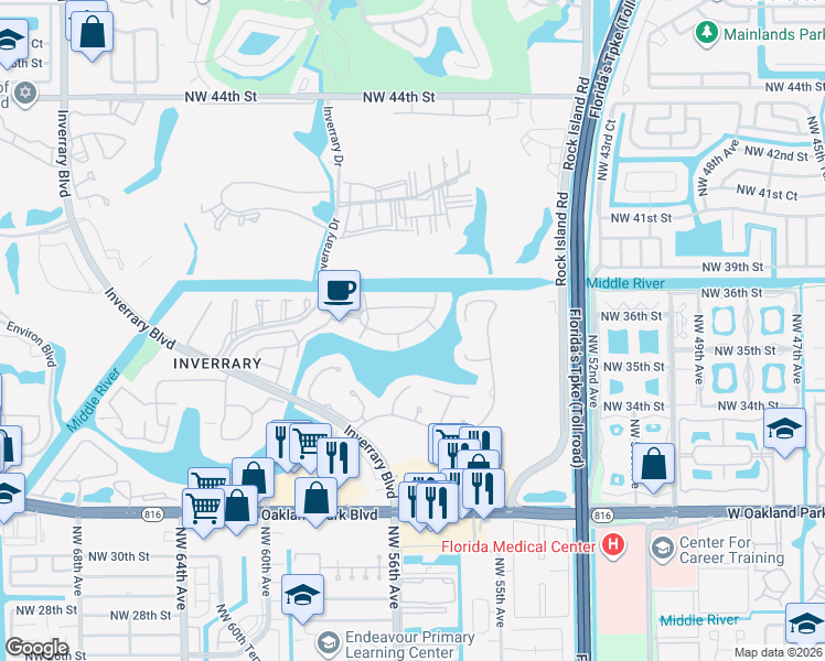 map of restaurants, bars, coffee shops, grocery stores, and more near 3720 Inverrary Drive in Lauderhill