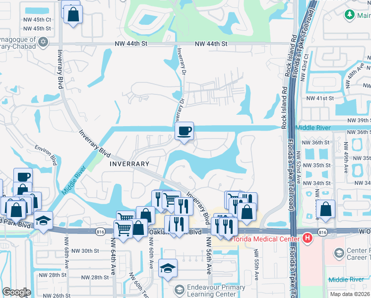 map of restaurants, bars, coffee shops, grocery stores, and more near 3462 Spring Bluff Place in Lauderhill