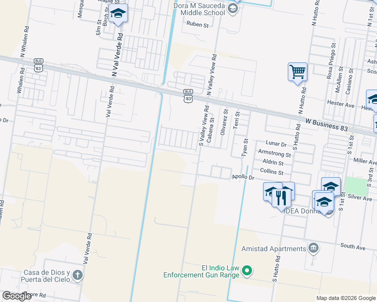 map of restaurants, bars, coffee shops, grocery stores, and more near 309 South Valley View Road in Donna