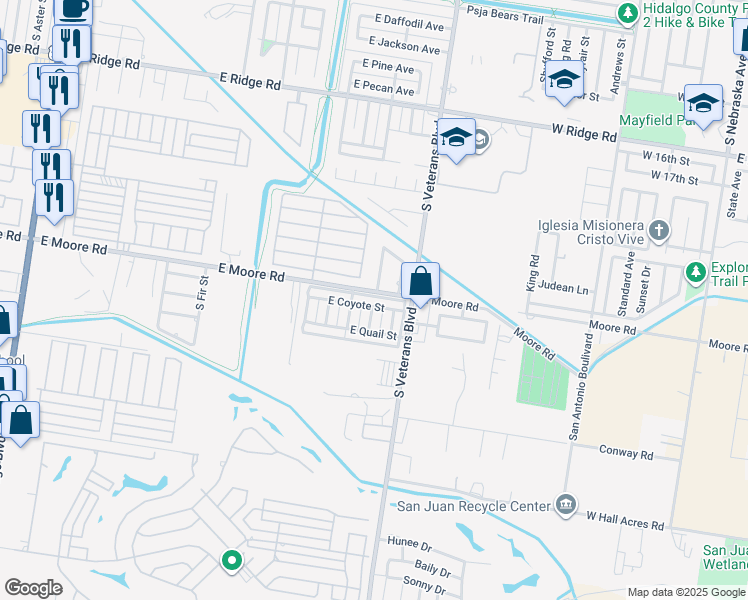 map of restaurants, bars, coffee shops, grocery stores, and more near 1803 South Juniper Street in Pharr