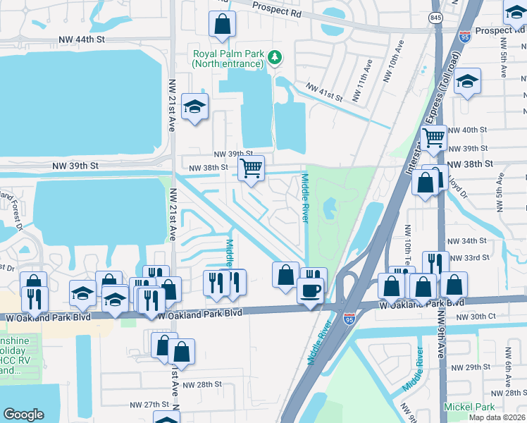 map of restaurants, bars, coffee shops, grocery stores, and more near 3450 Northwest 17th Terrace in Oakland Park